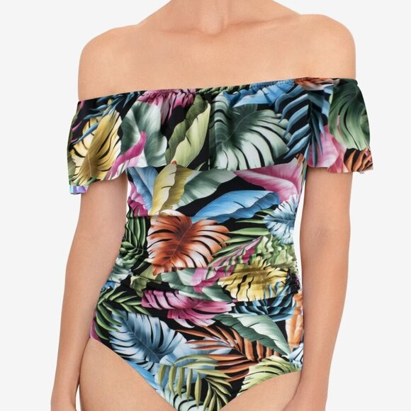 Swim Solutions Off The Shoulder Ruffle Palm Black One Piece Swimsuit - Picture 5 of 5